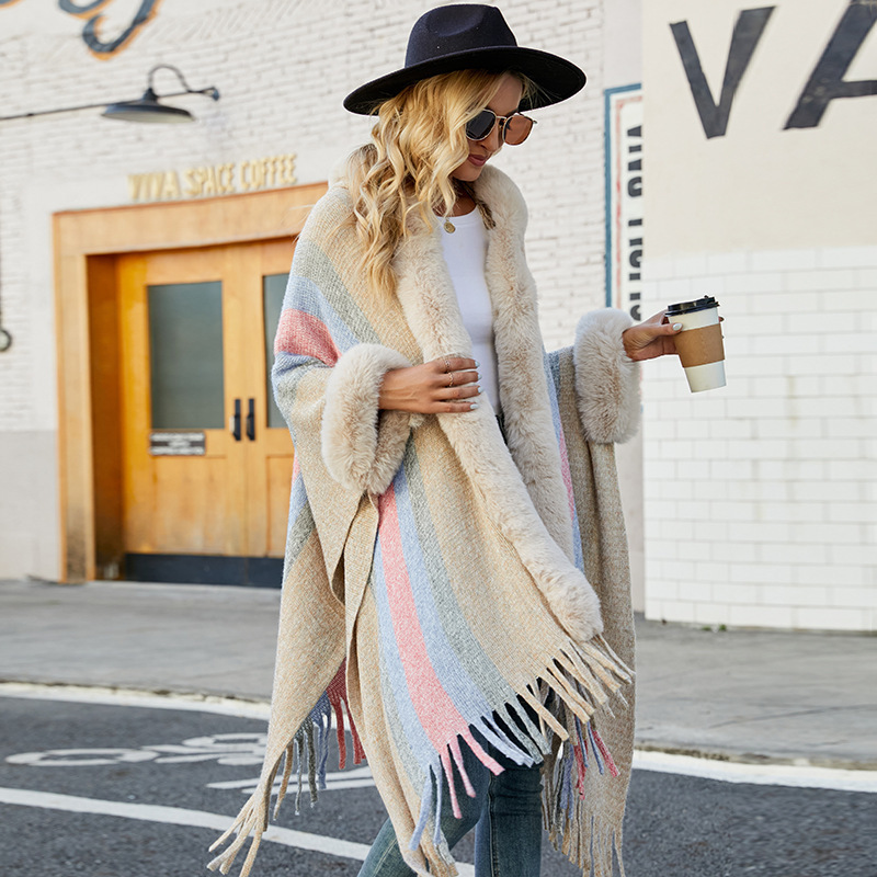 Soiling Custom LOGO OEM Hooded shawl women cappa autumn winter fur collar sweaters coats striped knitted fringe cape