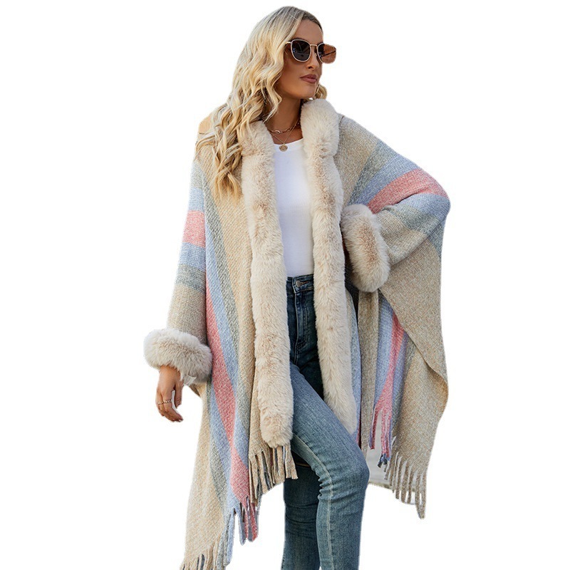 Soiling Custom LOGO OEM Hooded shawl women cappa autumn winter fur collar sweaters coats striped knitted fringe cape