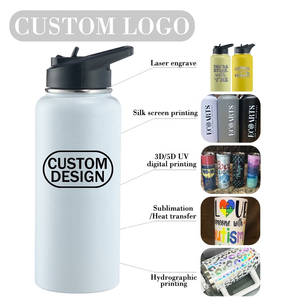 Personalized laser engraved 32 oz double wall thermal water bottle stainless steel vacuum insulated sports tumbler