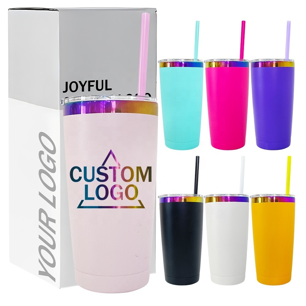 stainless steel hot pink cups vacuum insulated holographic powder coated Custom rainbow logo 20oz tumbler with leak proof lid