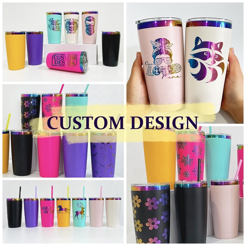 stainless steel hot pink cups vacuum insulated holographic powder coated Custom rainbow logo 20oz tumbler with leak proof lid