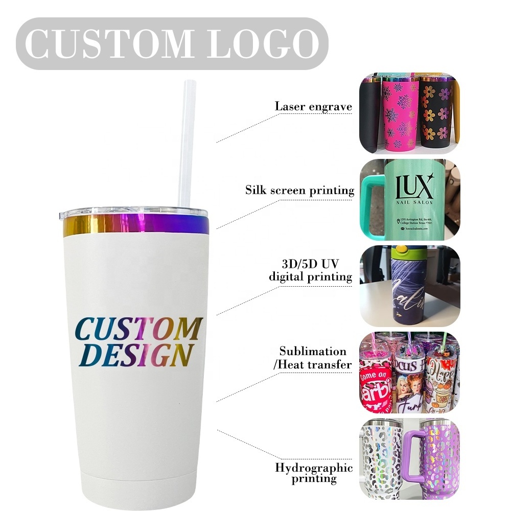 stainless steel hot pink cups vacuum insulated holographic powder coated Custom rainbow logo 20oz tumbler with leak proof lid