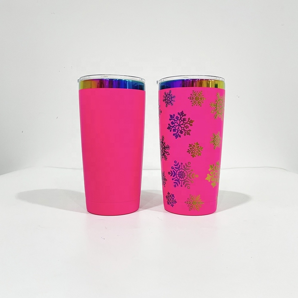 stainless steel hot pink cups vacuum insulated holographic powder coated Custom rainbow logo 20oz tumbler with leak proof lid