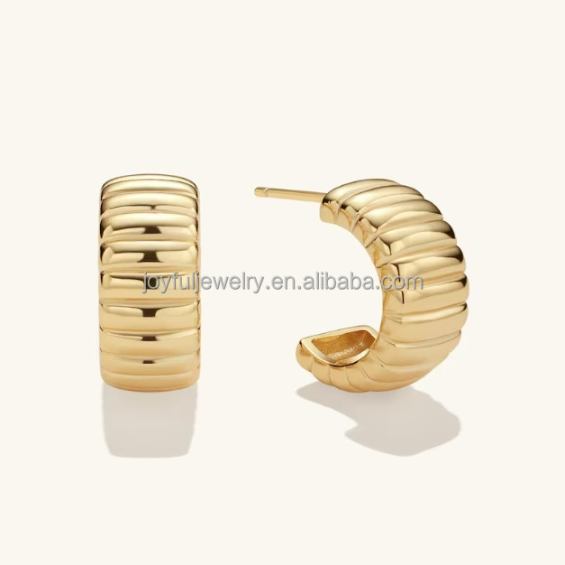 Factory Wholesale 18k Gold Thick Hoop Earrings 316l Stainless Steel High Polished Dainty Ribbed Hoops