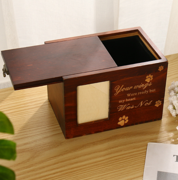 Wood pet urns wholesale cat cremation urns dog engraveable urns with photo frame