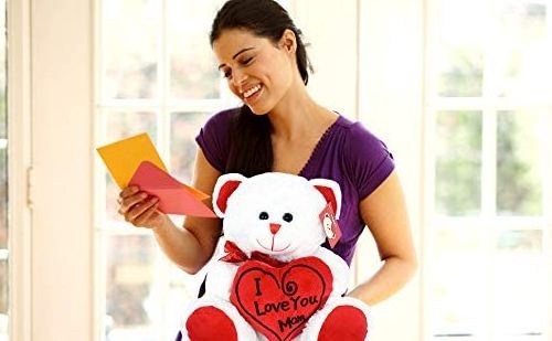 Happy Mother's Day Stuffed Teddy Bear Animal Gifts Birthday White Soft Bear with Red Heart Pillow I Love You Mom