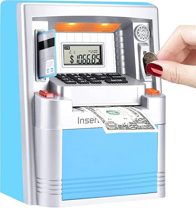 Wholesale EURO/USA/GBP/AUD/KWT Kids ATM Coin counter save safety Bank toys Money saving box Custom Children Digital Piggy bank