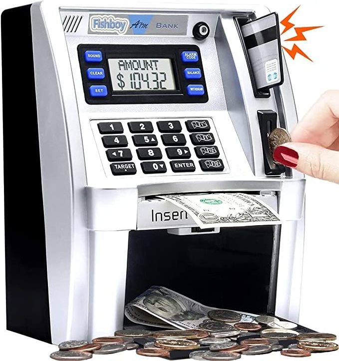 Upgraded ATM Savings Piggy Money Bank for Real Money with Debit Card Password, Smart Deposit coin bank atm machine for Kids