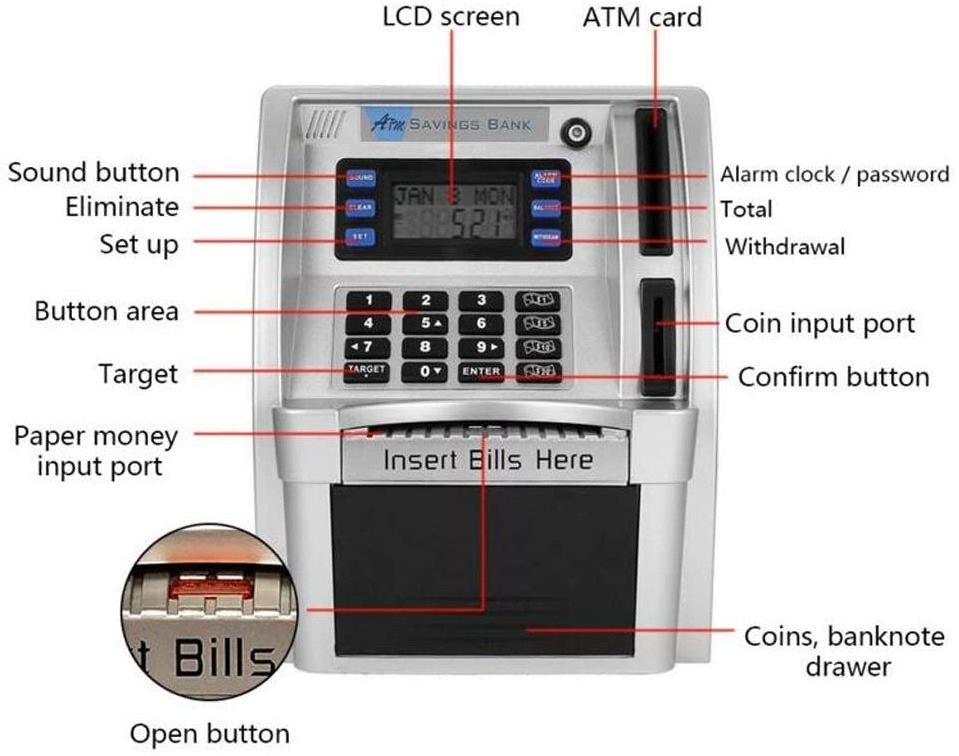 Hot atm piggy bank machine with lcd display Mini Money Box Safety Password Chewing Coin Cash Deposit Gift for Children Kids toys