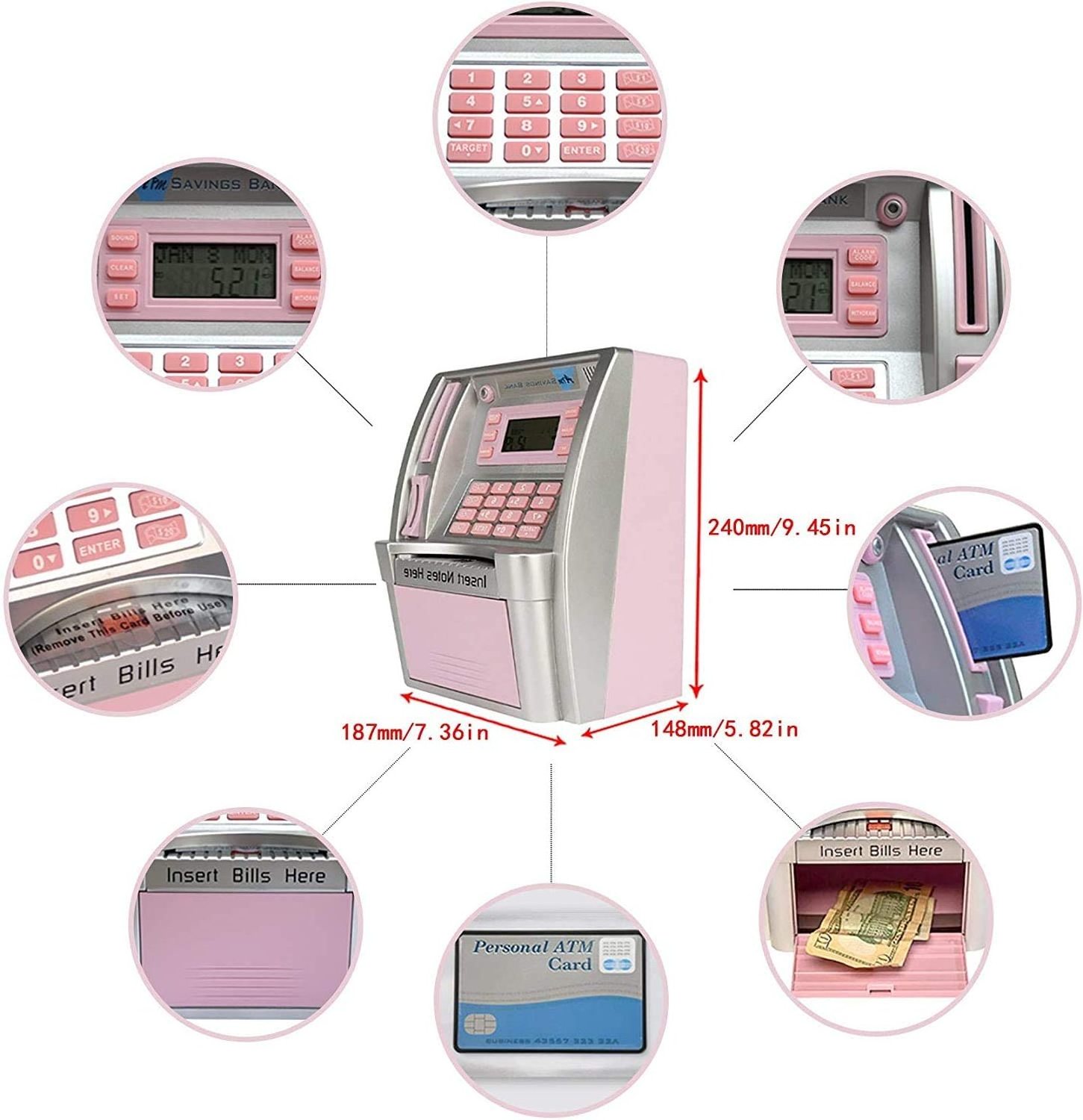 Upgraded ATM Savings Piggy Money Bank for Real Money with Debit Card Password, Smart Deposit coin bank atm machine for Kids