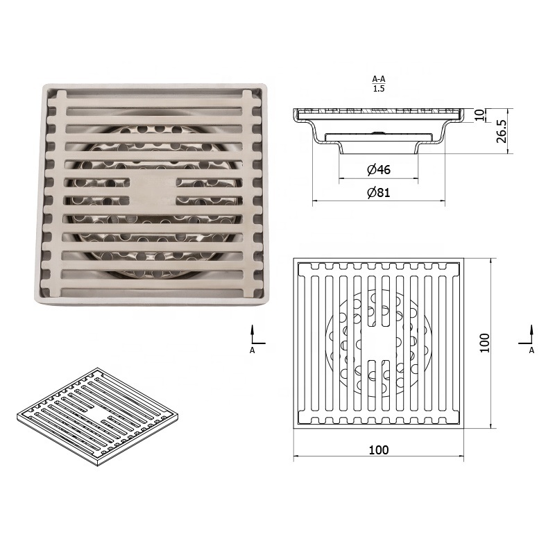 Joyhoo SUS304 Square Shower Floor Drain with Tile Insert Grate Removable Multipurpose Hair Trap For Bathroom