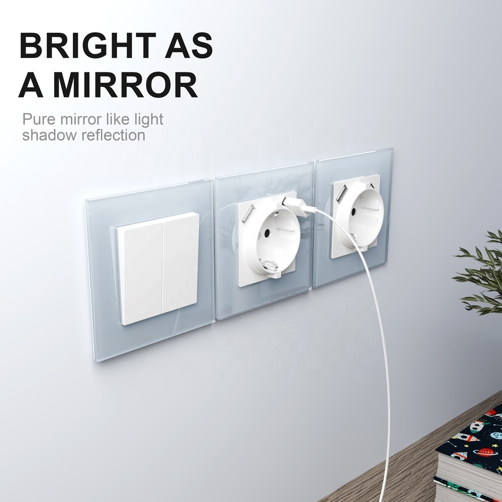 Elegant Design Eu Type 86*86mm 250V 10A White Black Home Wall Tempering Glass Plate 2 Gang 1 Way 2 Way Light Electric Switch