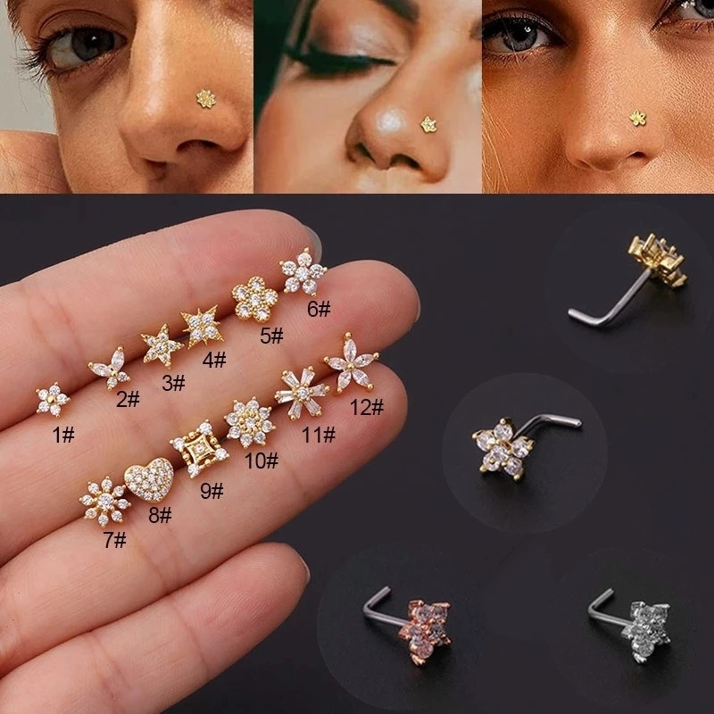 1PCS Crystal Flower Nose Stud L Shape Stainless Steel Cz Heart Nose Ring And Stud Butterfly Nose Ring Real Piercing Jewelry