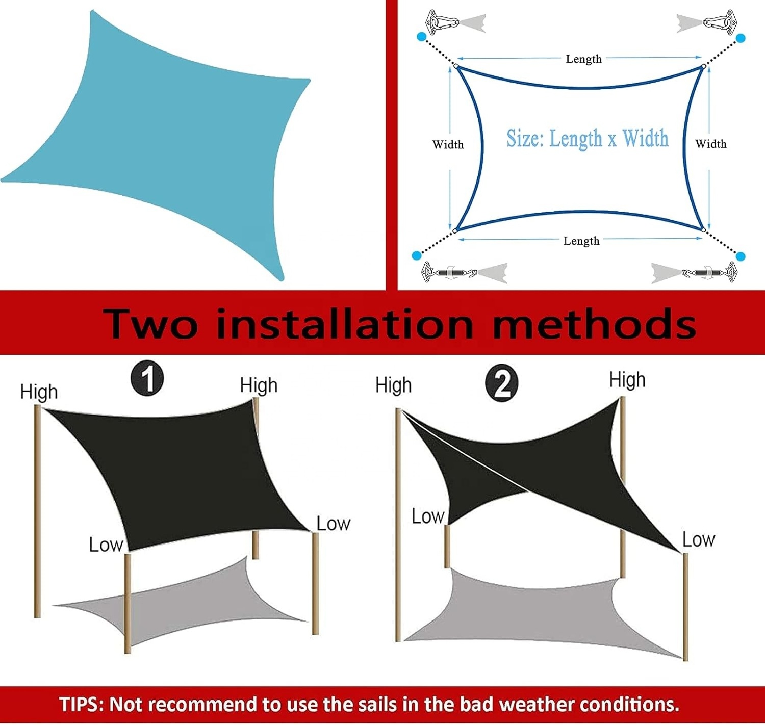 The patio shade has High Density 160GSM Polyethylene fabric,with strong stitched seams