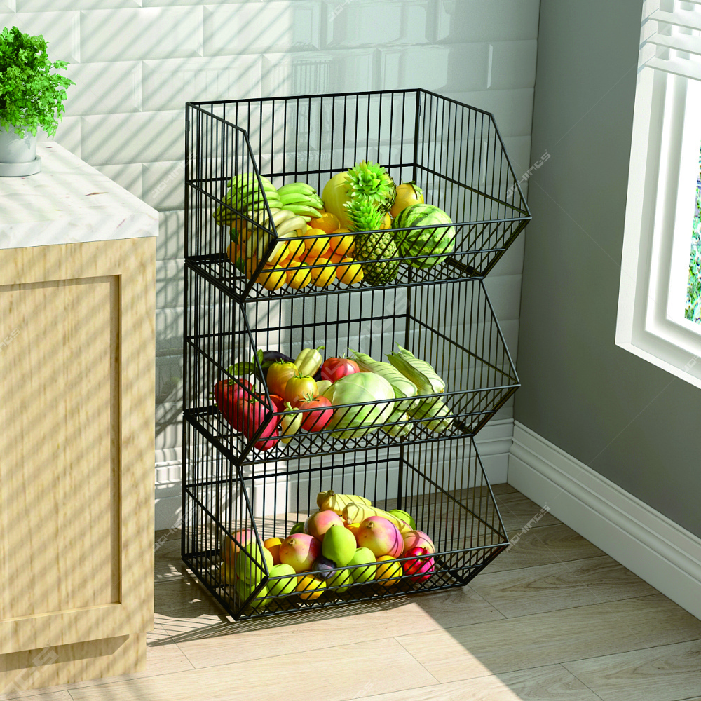 3 Tiers Metal Wire Basket Shelf Multifunction Stackable Fruit Basket Organizer Vegetable Storage Rack