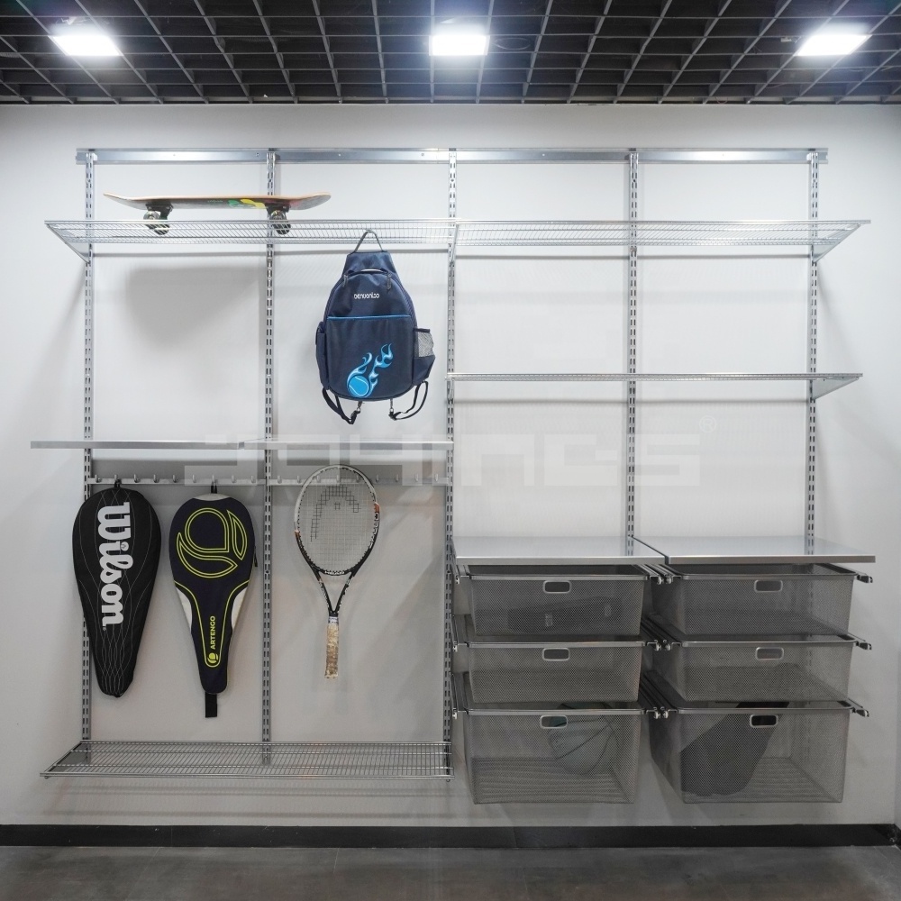 Silver Deep Grey Garage Wall Shelf With Mesh basket Wire Closet Rack For Fitness Room