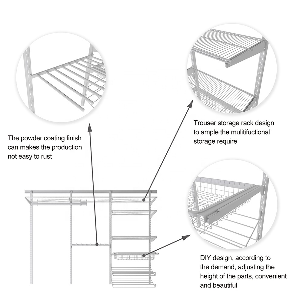 Wall mounted luandry organizer white powder coating closet organizer with luandry basket and other customized accessories