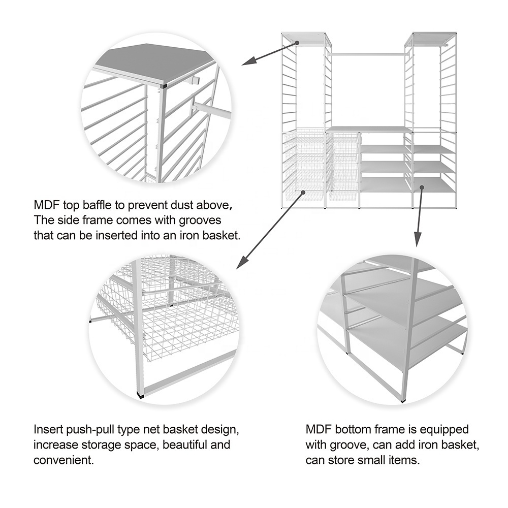 White powder coating customized closet  DIY closet kits for bedroom Wardrobe with wire basket hanging closet rod and Mdf Board
