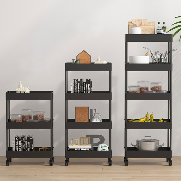 Black hollowing design 2/3/4 / home plastic storage shelves with 4 rotating wheels