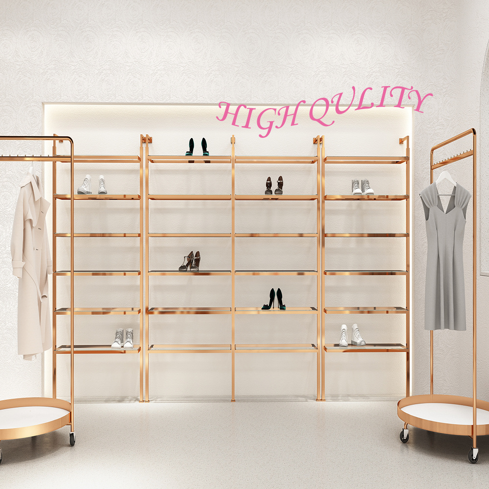 Clothing Shops Display Stand Stainless Steel Gold Shoe Stand Display Rack Handbag Shoe Rack For Wall Bags Store Display Rack