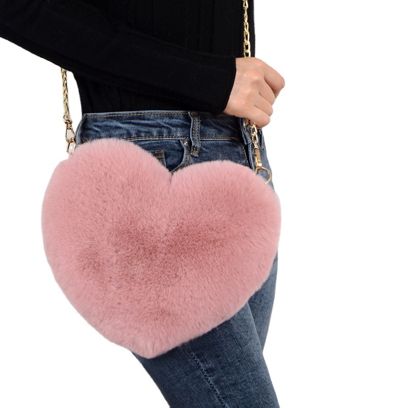 New Products 2024 Valentines Day Plush Kawaii Bag Furry Crossbody Heart Shaped Purse Tote Small Cute Gift Chain Bags For Girls