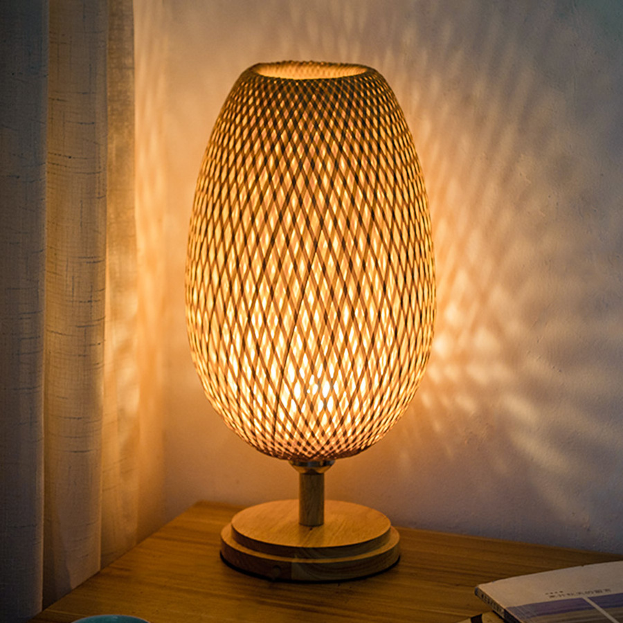 Bamboo Weaving Table Lamp Creative Handmade Rattan Bedroom Restaurant Bedside Desk Lights Chinese Pastoral Retro Table Light