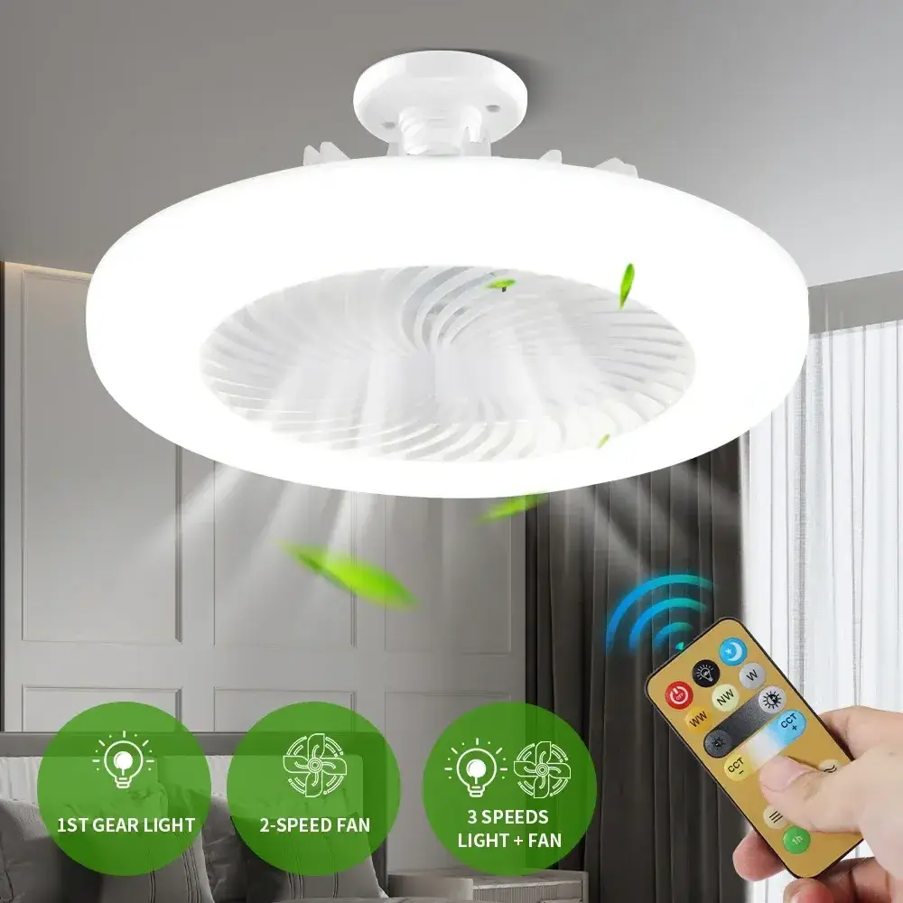 Multi-functional Modern Simple Round Small E27 LED Ceiling Fan Light Quite Wind Adjustable Remote Control Fan Lamp