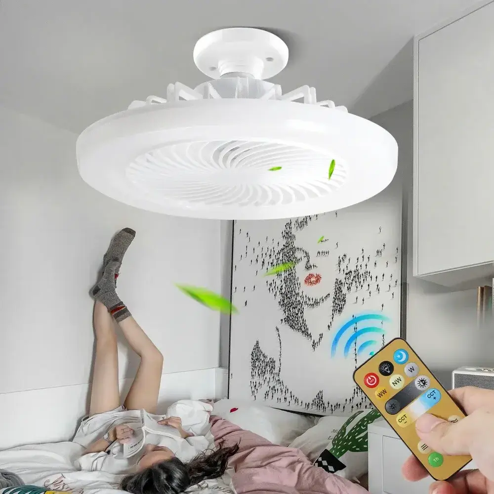 Multi-functional Modern Simple Round Small E27 LED Ceiling Fan Light Quite Wind Adjustable Remote Control Fan Lamp