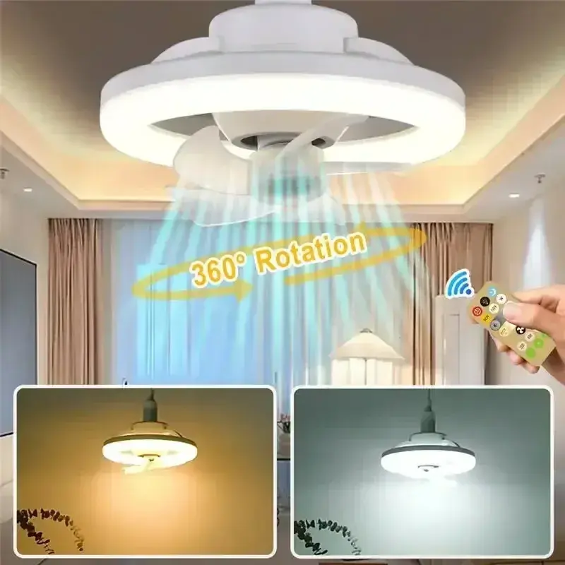 360 Rotating LED Fan Light with Remote Control  30W E27 Ceiling Intelligent Fan for Living Room Bedroom