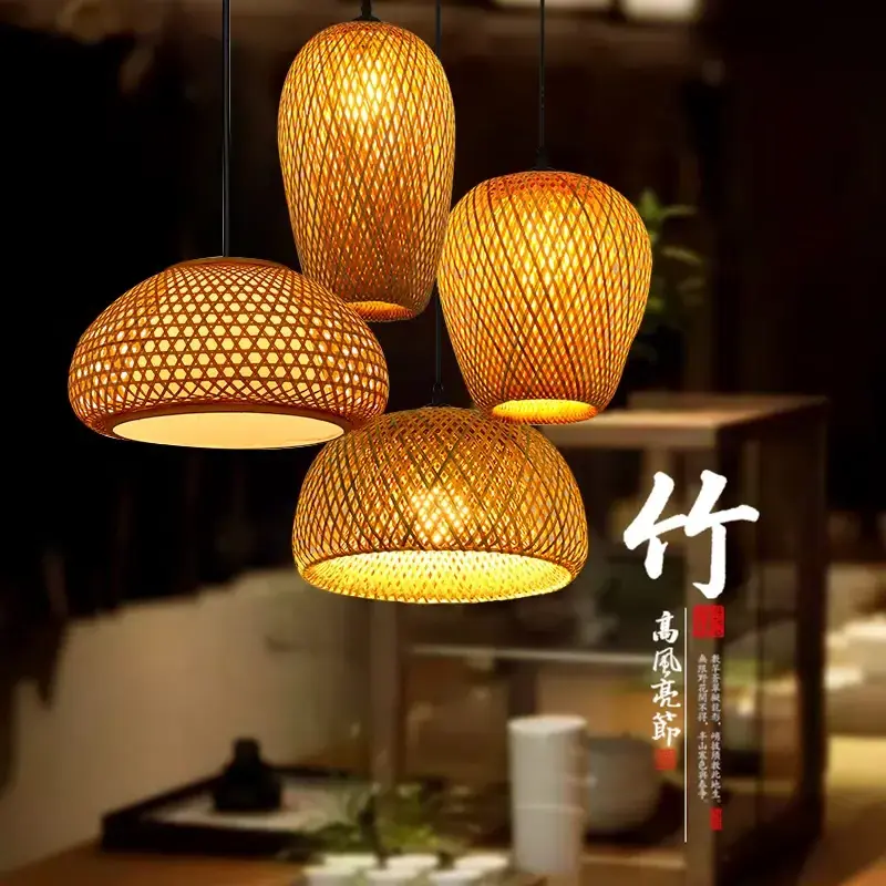 Chinese Style Weaving Hanging Lamps Bamboo Pendant Lamp Hand Knitted Restaurant Home Decor Lighting Fixtures