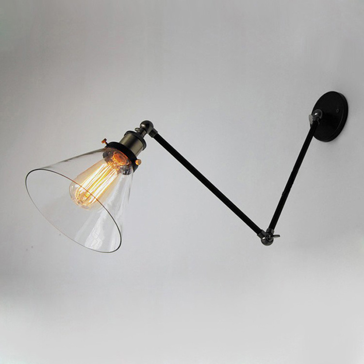 Retro Industrial Decoration Adjustable Swing Arm Iron Glass Wall Lamp Indoor Bedroom Home Led Wall Sconce