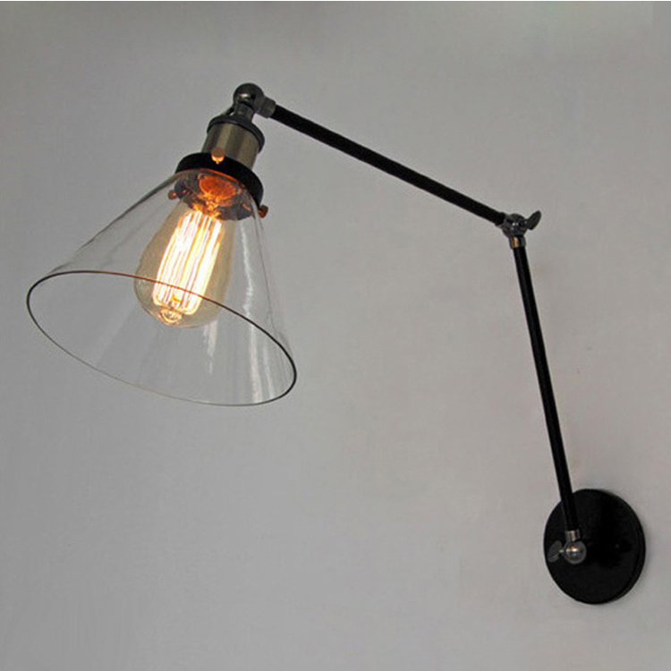 Retro Industrial Decoration Adjustable Swing Arm Iron Glass Wall Lamp Indoor Bedroom Home Led Wall Sconce