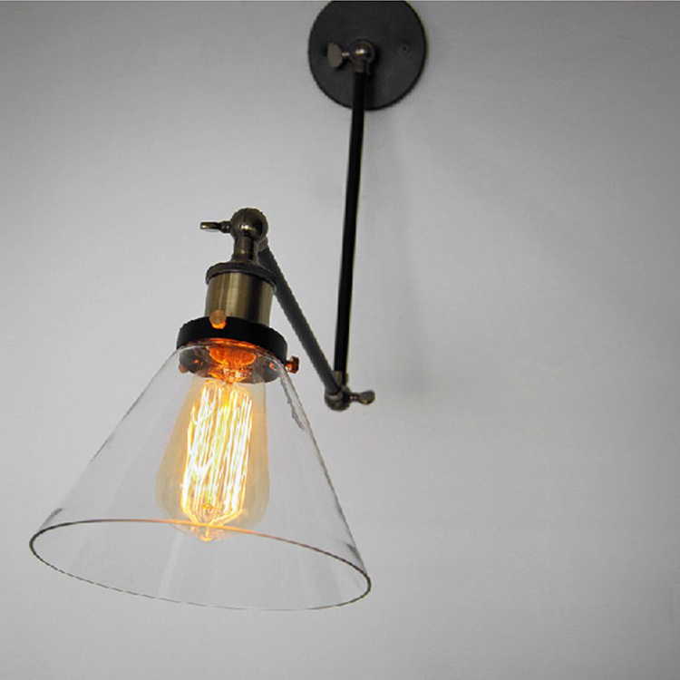 Retro Industrial Decoration Adjustable Swing Arm Iron Glass Wall Lamp Indoor Bedroom Home Led Wall Sconce