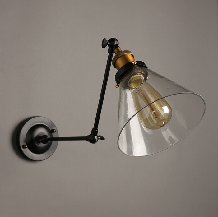 Retro Industrial Decoration Adjustable Swing Arm Iron Glass Wall Lamp Indoor Bedroom Home Led Wall Sconce