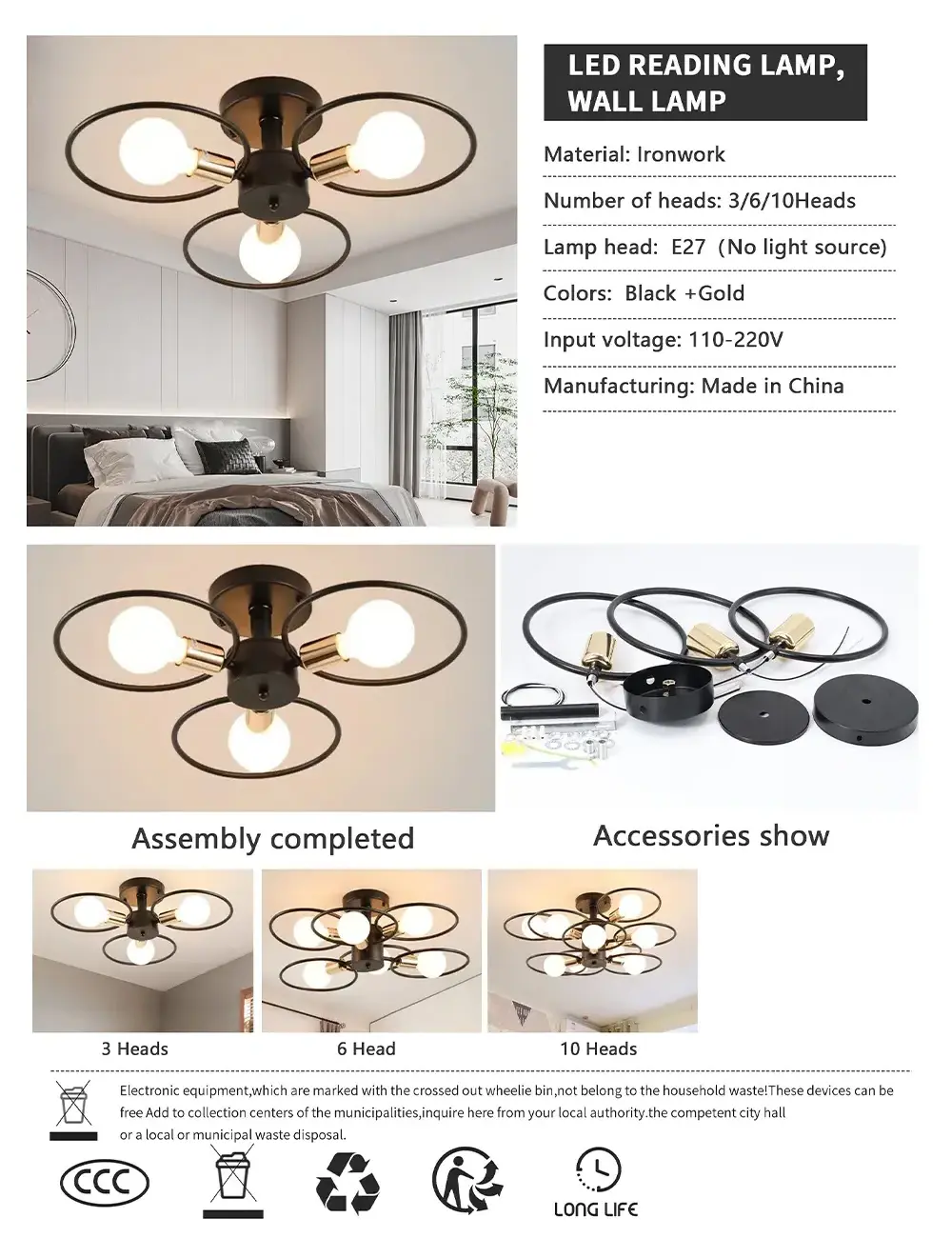 Modern Nordic E27 Black LED Ceiling Chandelier Edison Bulbs Indoor Light Fixtures for Bedroom Living Room