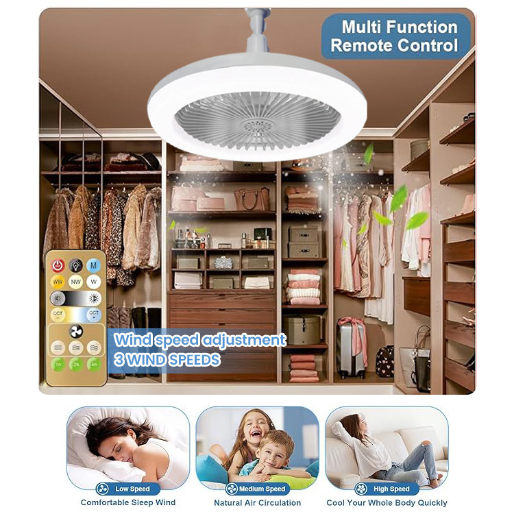 Bedroom Kitchen Dimmable 3 Wind Speeds Remote Control Base Enclosed E27 Led Bulb Socket Fan Ceiling Fan With Light