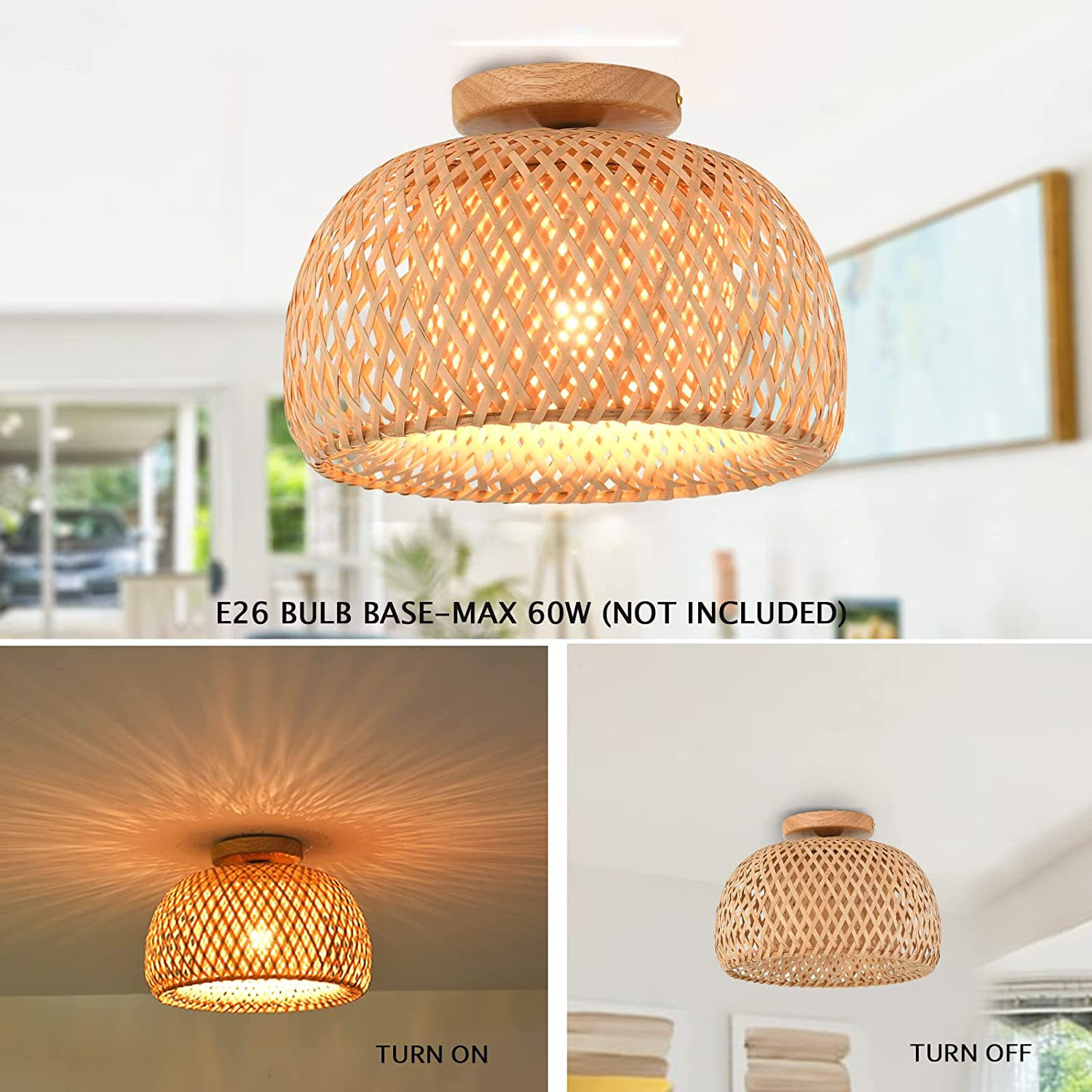 Rattan Outdoor Hanging Lights Hand Woven Bamboo Rattan Boho Light for Farmhouse Kitchen Island Dining Room