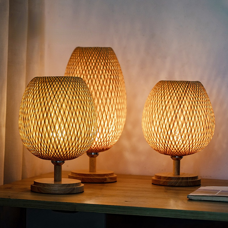 Bamboo Weaving Table Lamp Creative Handmade Rattan Bedroom Restaurant Bedside Desk Lights Chinese Pastoral Retro Table Light