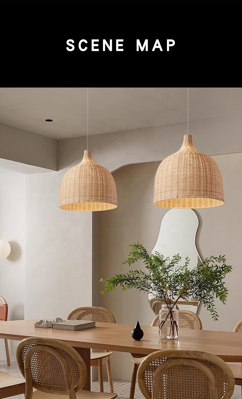 Rattan Pendant Lights Hand-Woven Wicker Light Fixture for Kitchen Island Fixture Indoor Lighting Handmade Bamboo Lamp Holder