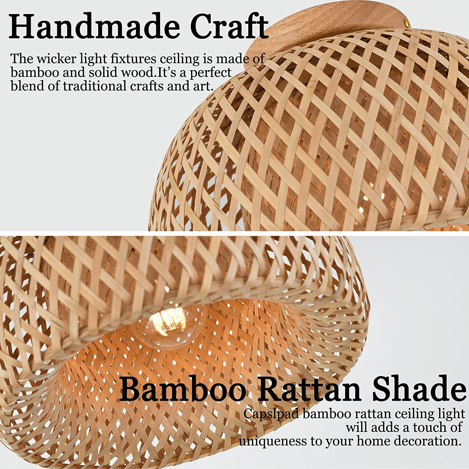 Rattan Outdoor Hanging Lights Hand Woven Bamboo Rattan Boho Light for Farmhouse Kitchen Island Dining Room