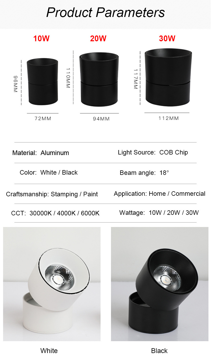 Anti-dazzle Dimmable Round LED COB Adjustable Cylinder Ceiling Light 30W Surface Mounted Downlight