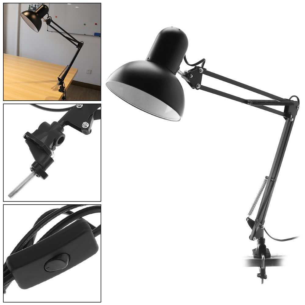 Home Desk Lamp Flexible Swing Arm E27 Desk Light Bracket with Rotatable Table Lamp Head and Clamp Mount Support for Office Study