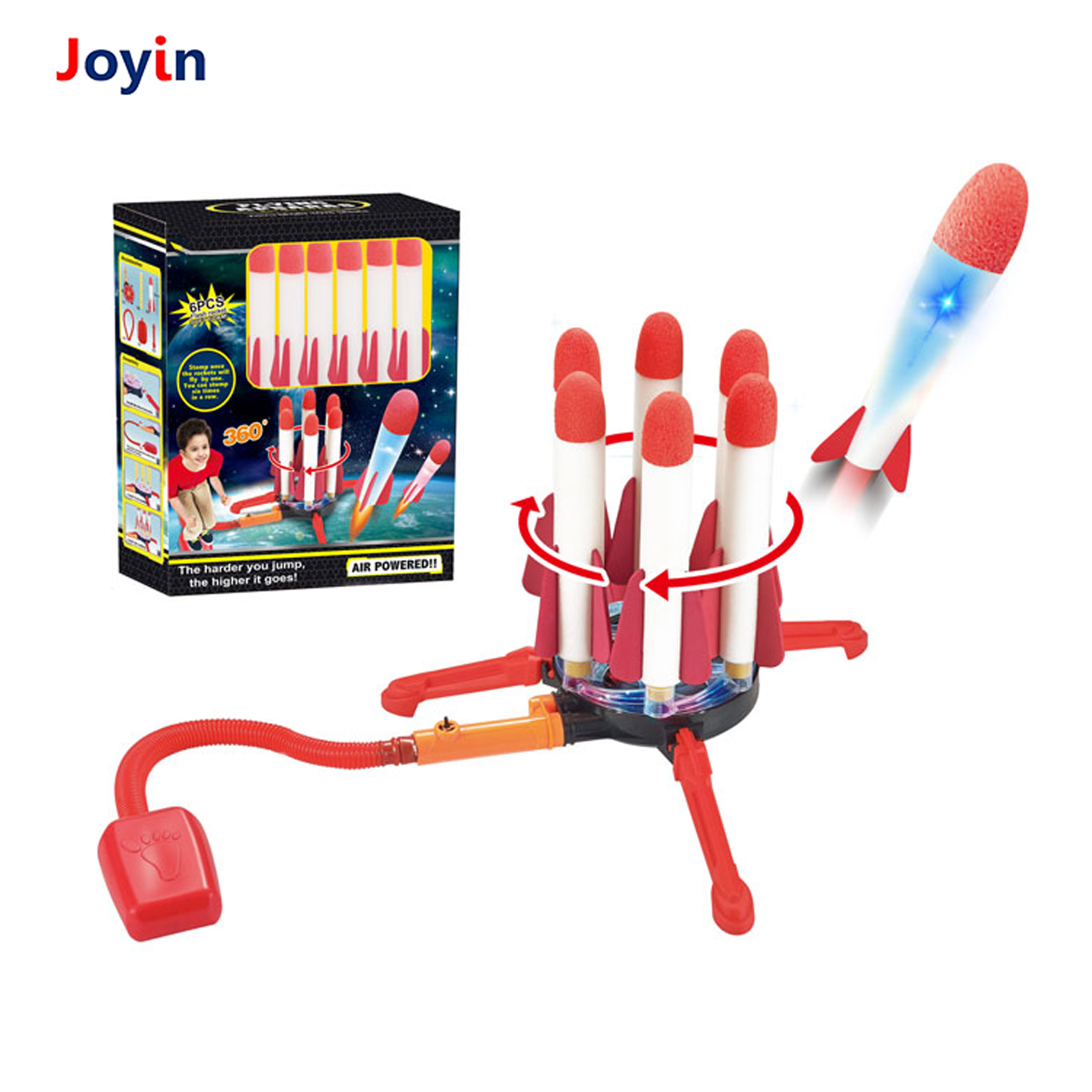 Garden Player Rocket Launcher Game Toy with Flash Light Shooting 6 Stomp Rocket at Once Adjustable Air-Powered Rockets