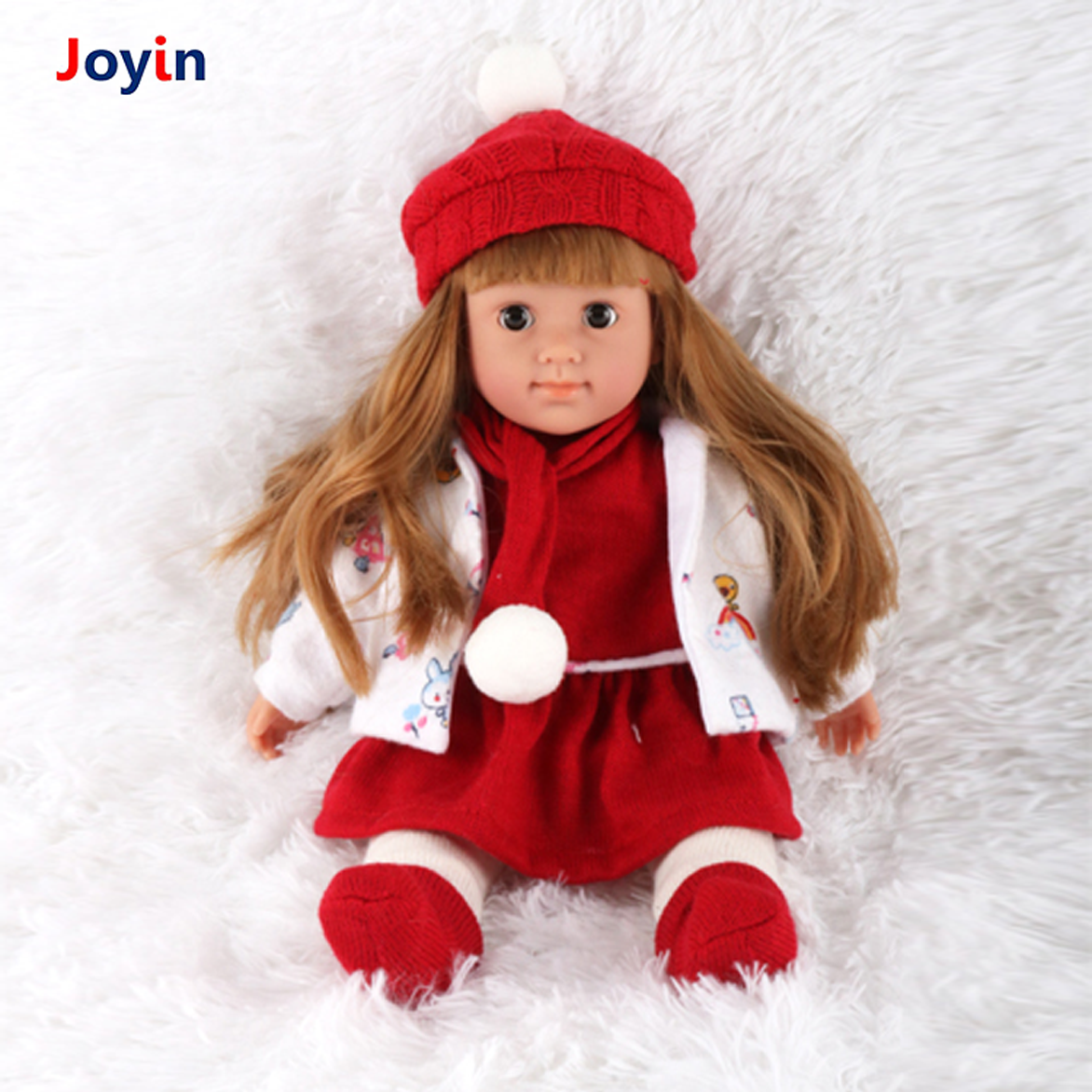 15 Inch Lifelike Baby Silicone Reborn Dolls Toy Girl Movable Child Play Red Hat, Skirt, Scarf, White Coat Clothes Blinking Eyes