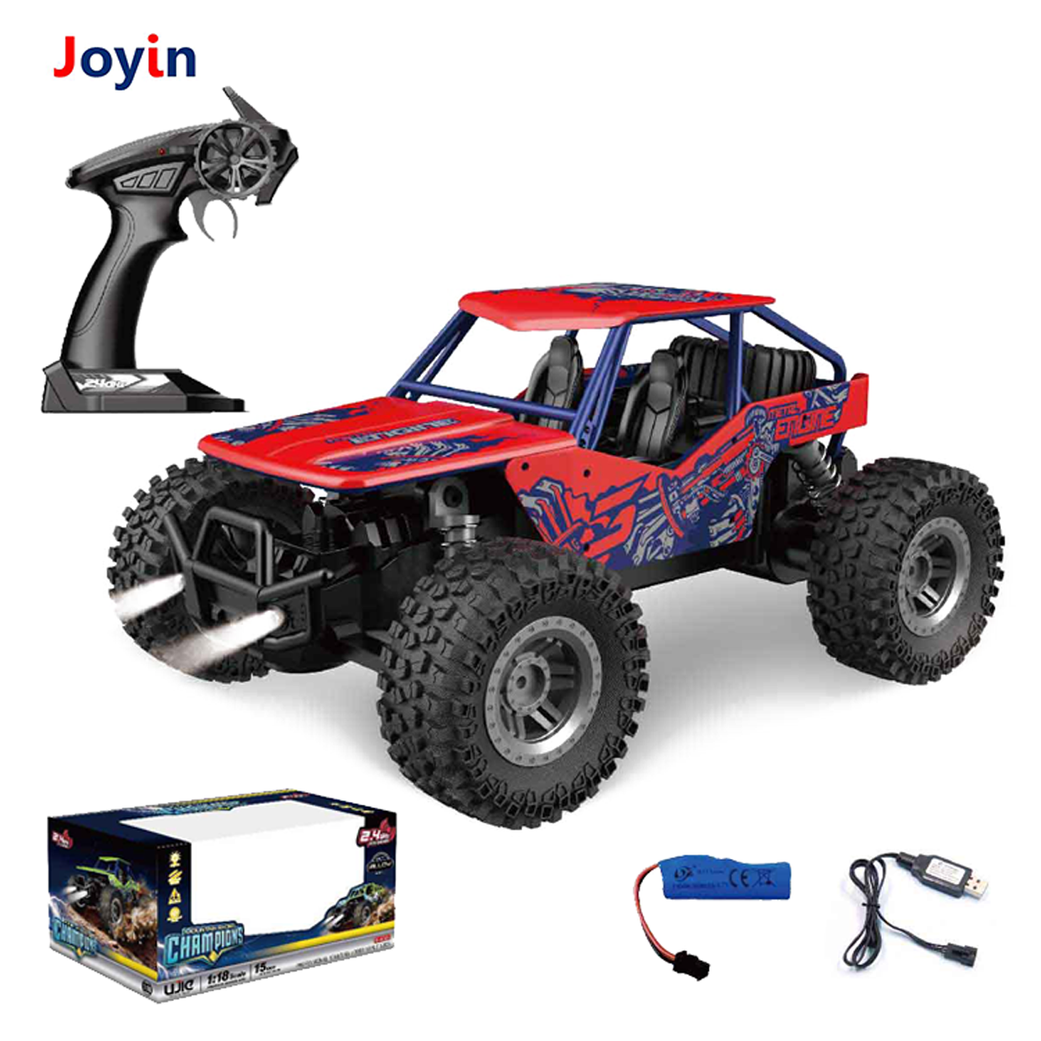 1:18 2.4 GHz All Terrain Remote Control Toy Car with Spray Light & Music Offroad RC Monster Truck for Kids 15KM/H