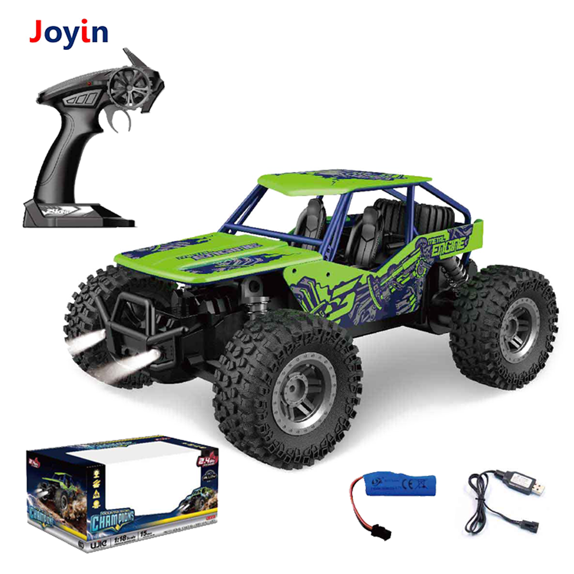 1:18 2.4 GHz All Terrain Remote Control Toy Car with Spray Light & Music Offroad RC Monster Truck for Kids 15KM/H