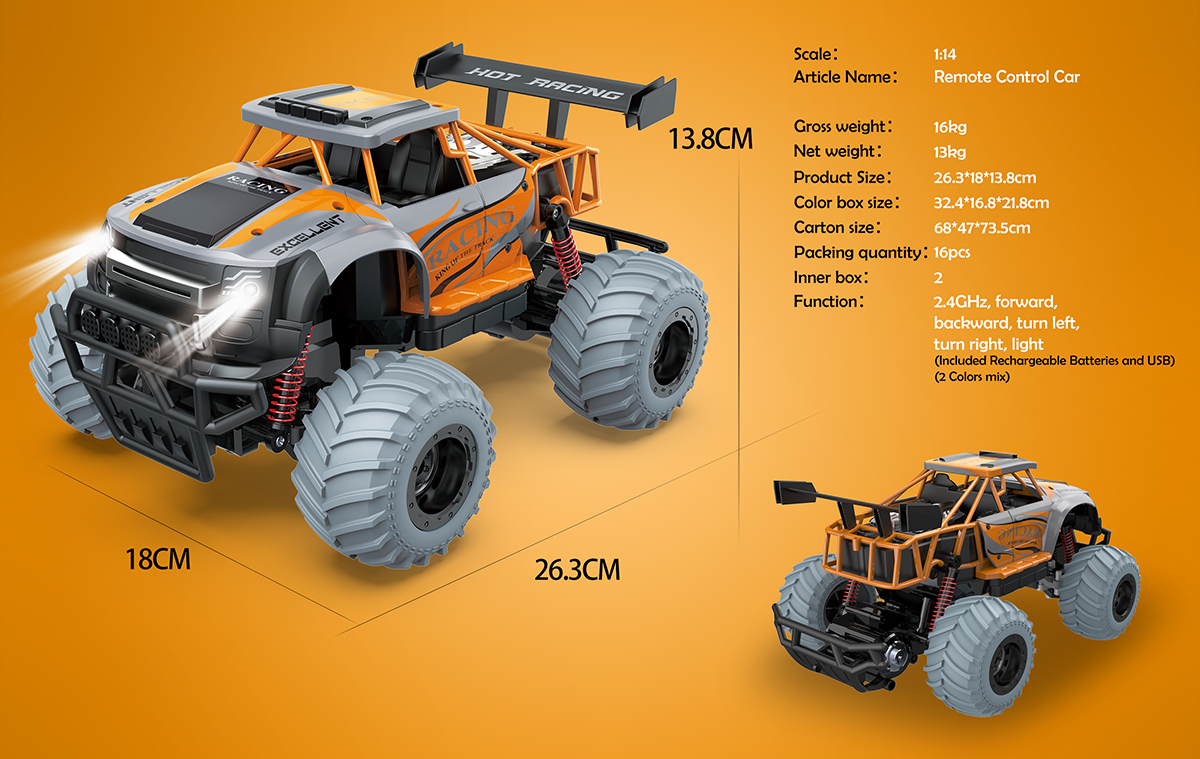 1:14 2WD RC Modified Off-Road Monster Wheels Truck 2.4G Remote Control Toy Vehicle Teenagers Kids Wireless Racing