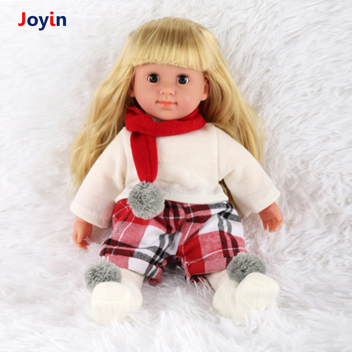 15 Inch lifelike Silicone Baby Doll Girl Movable Child Play Doll Toy Winter White Clothing Red Scarf Clothes Set Blinking Eyes