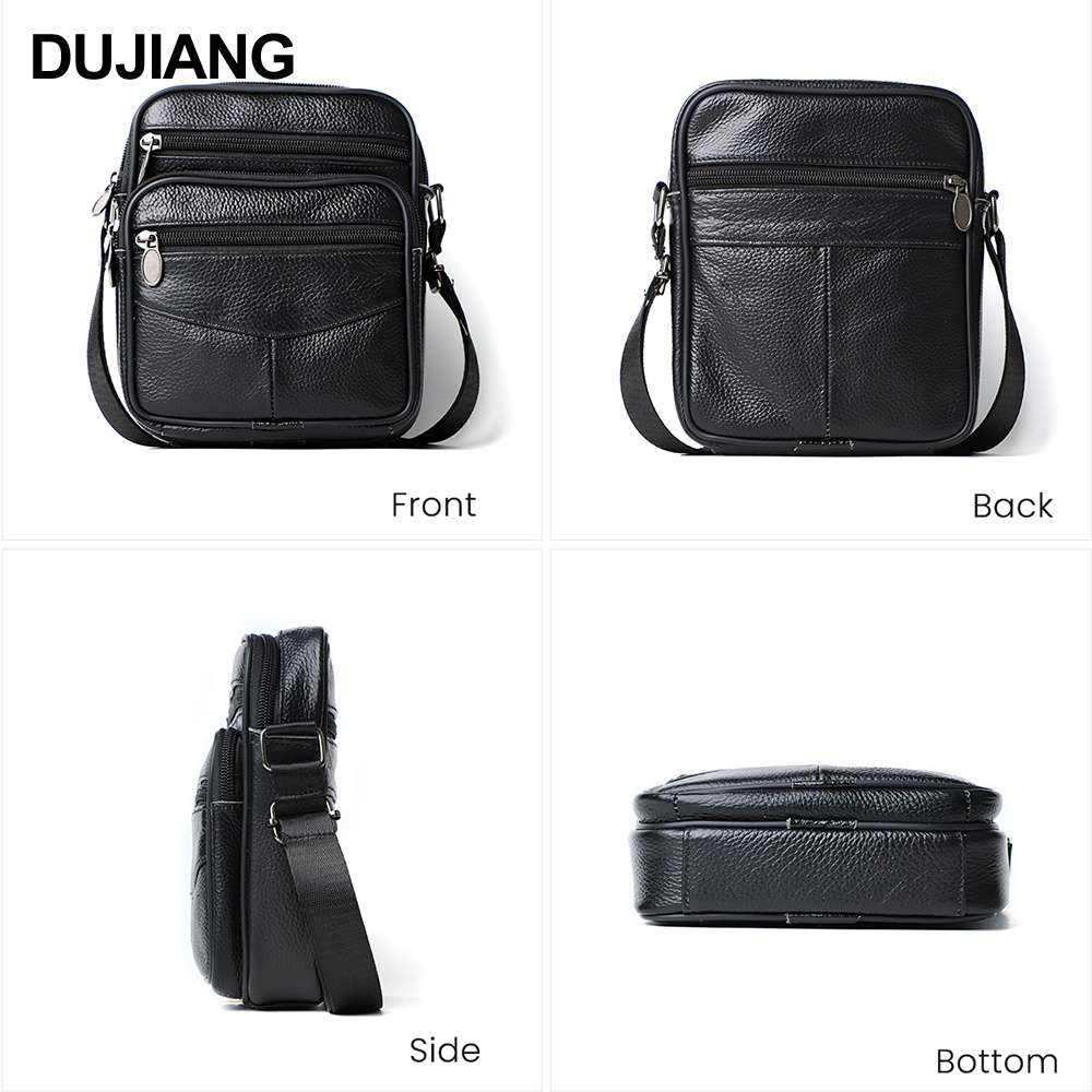 DUJIANG Fashionable Genuine Cowhide Leather Mini Crossbody Bag Vintage Style Messenger Bag with Zipper Decoration for Men