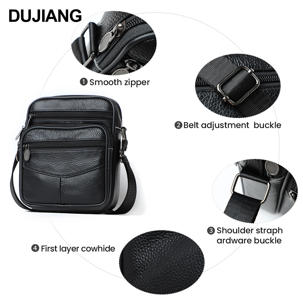 DUJIANG Fashionable Genuine Cowhide Leather Mini Crossbody Bag Vintage Style Messenger Bag with Zipper Decoration for Men